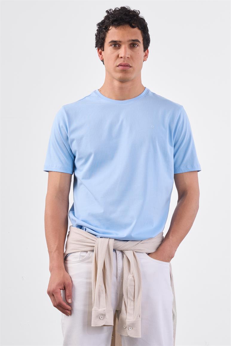 Açık Mavi Bisiklet Yaka Pamuklu Düz Renk Slim Fit Erkek T-shirt