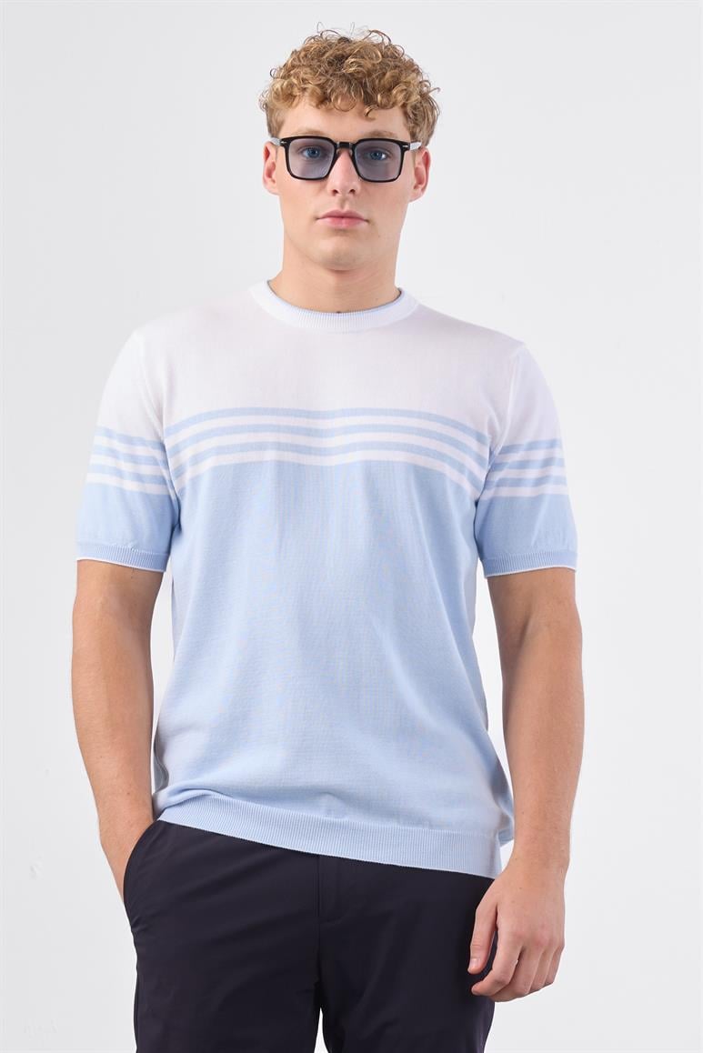 Açık Mavi Çizgili Desen Kısa Kol Slim Fit Erkek Triko