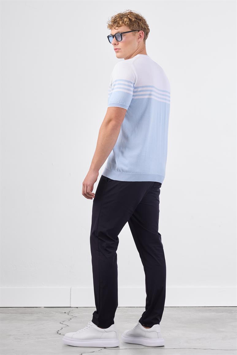 Açık Mavi Çizgili Desen Kısa Kol Slim Fit Erkek Triko