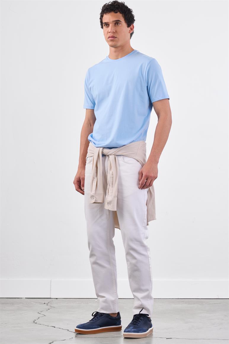 Açık Mavi Bisiklet Yaka Pamuklu Düz Renk Slim Fit Erkek T-shirt