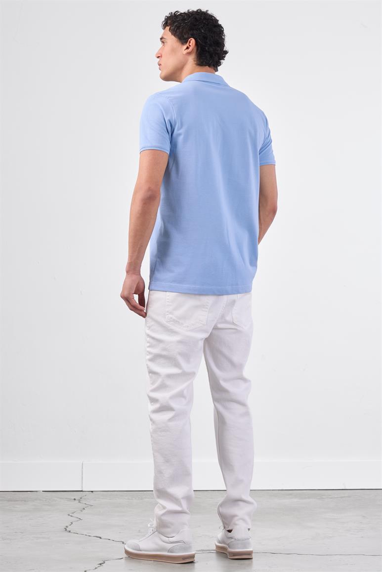 Açık Mavi Polo Yaka Pamuklu Düz Renk Slim Fit Erkek T-shirt