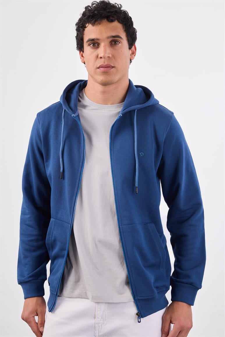 Açık Lacivert Fermuar Kapamalı Kapüşonlu Erkek Regular Fit Sweatshirt