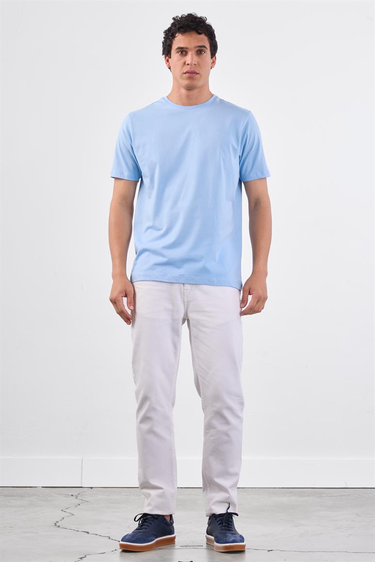Açık Mavi Bisiklet Yaka Pamuklu Düz Renk Slim Fit Erkek T-shirt