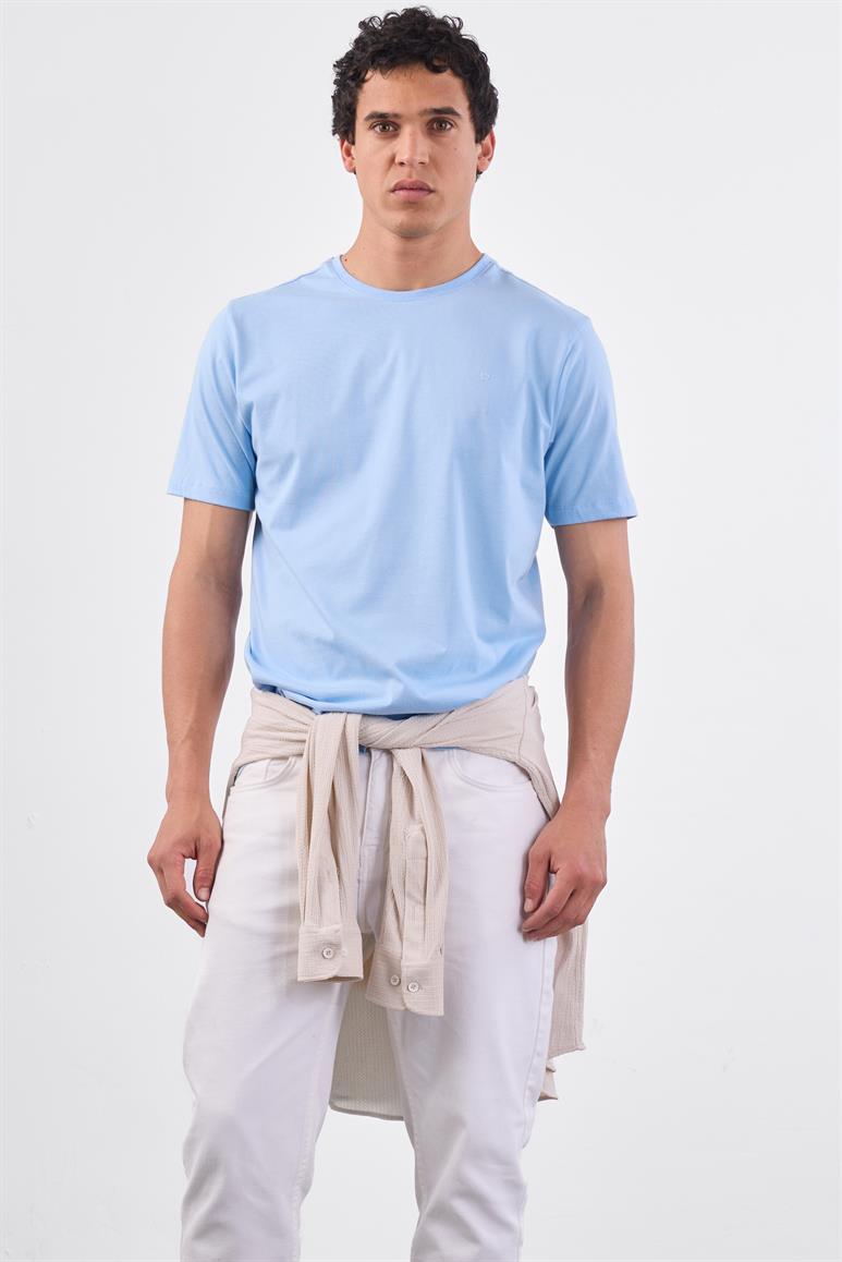 Açık Mavi Bisiklet Yaka Pamuklu Düz Renk Slim Fit Erkek T-shirt
