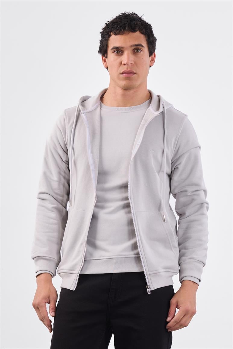 Açık Gri Fermuar Kapamalı Kapüşonlu Erkek Regular Fit Sweatshirt