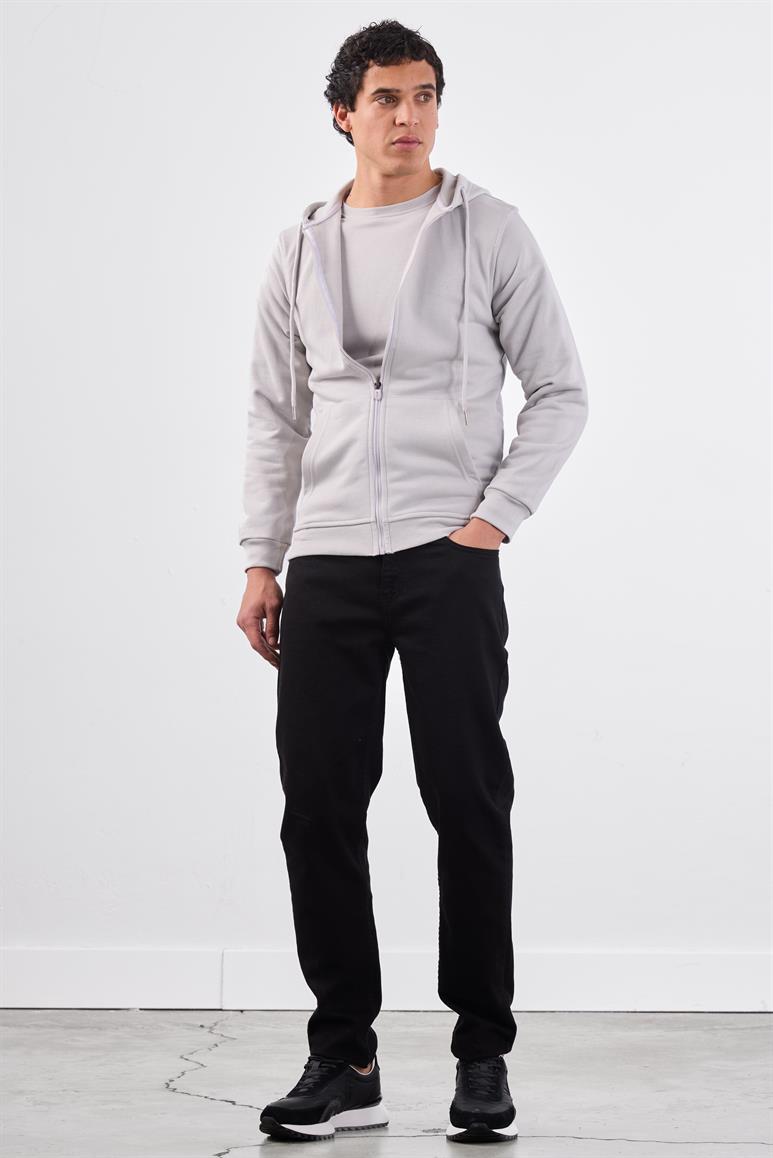 Açık Gri Fermuar Kapamalı Kapüşonlu Erkek Regular Fit Sweatshirt