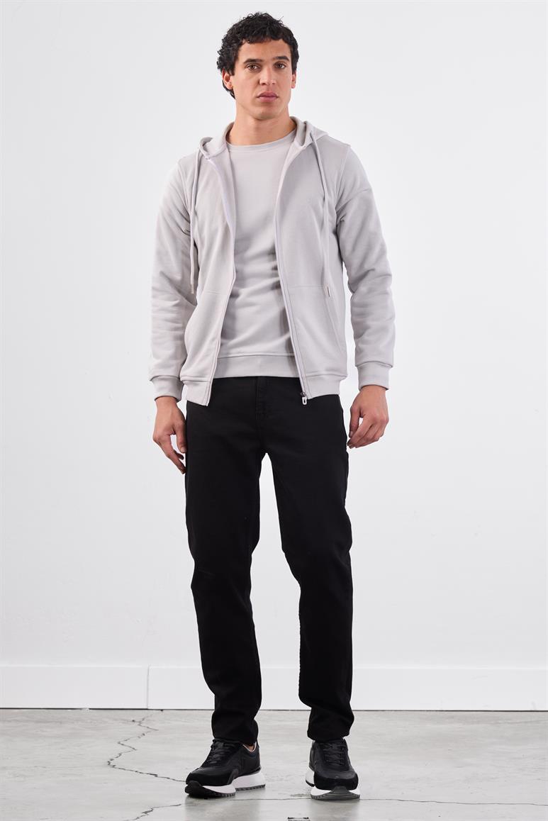 Açık Gri Fermuar Kapamalı Kapüşonlu Erkek Regular Fit Sweatshirt