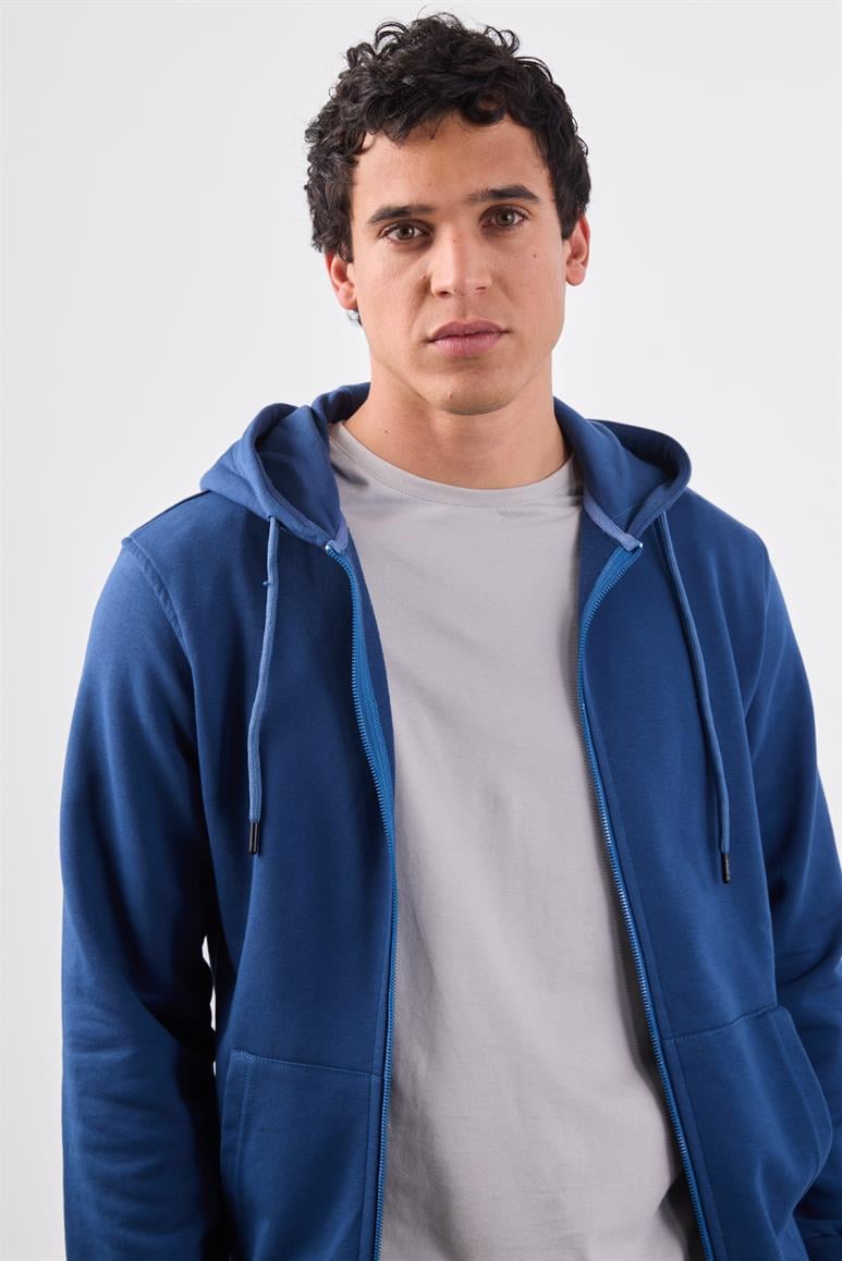 Açık Lacivert Fermuar Kapamalı Kapüşonlu Erkek Regular Fit Sweatshirt