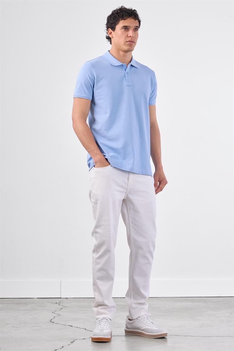 Açık Mavi Polo Yaka Pamuklu Düz Renk Slim Fit Erkek T-shirt