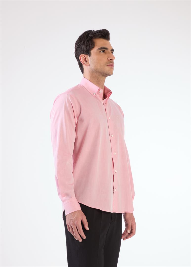 Açık Bordo Erkek Regular Fit Düz Brent Düğmeli Yaka Uzun Kol Gömlek 