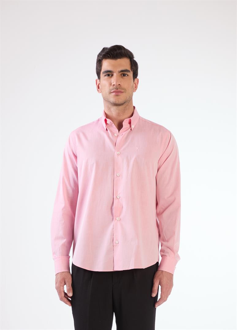 Açık Bordo Erkek Regular Fit Düz Brent Düğmeli Yaka Uzun Kol Gömlek 