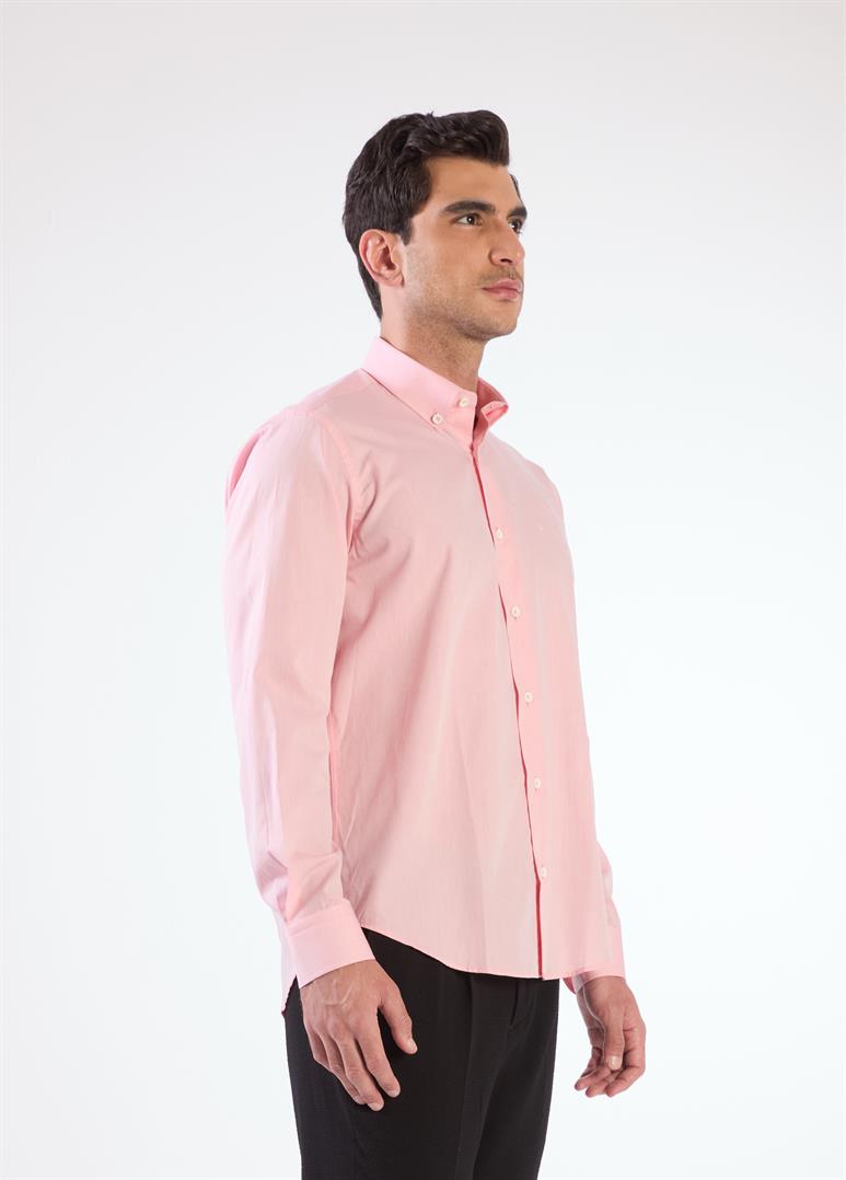 Açık Kırmızı Erkek Regular Fit Düz Brent Düğmeli Yaka Uzun Kol Gömlek 