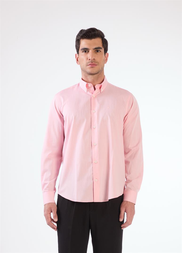 Açık Kırmızı Erkek Regular Fit Düz Brent Düğmeli Yaka Uzun Kol Gömlek 