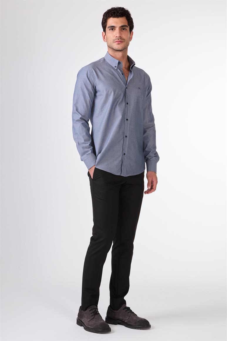 Açık Lacivert Erkek Regular Fit Melanj Desenli Düğmeli Yaka Uzun Kol Gömlek 