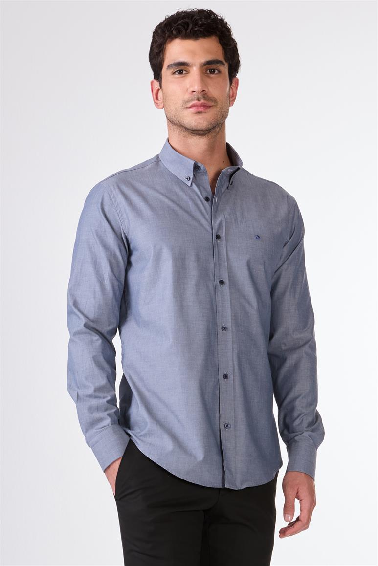 Açık Lacivert Erkek Regular Fit Melanj Desenli Düğmeli Yaka Uzun Kol Gömlek 