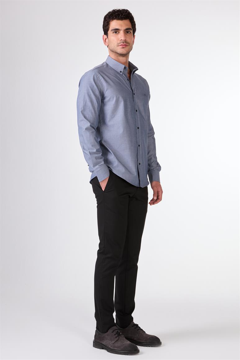 Açık Lacivert Erkek Regular Fit Melanj Desenli Düğmeli Yaka Uzun Kol Gömlek 