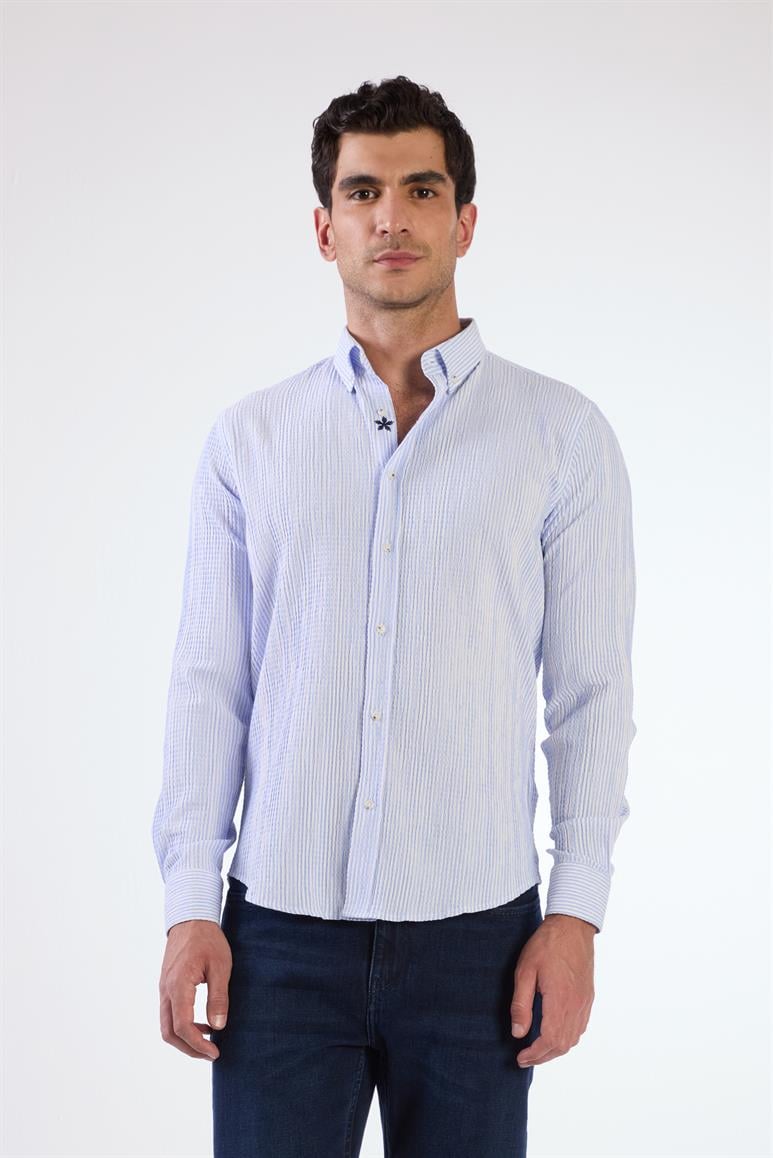 Açık Mavi Erkek Slim Fit Gofre Desenli Düğmeli Yaka Uzun Kol Gömlek 