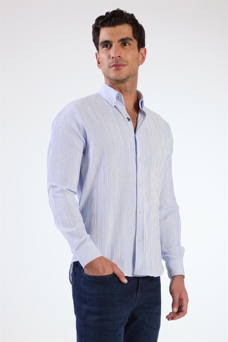 Açık Mavi Erkek Slim Fit Gofre Desenli Düğmeli Yaka Uzun Kol Gömlek 