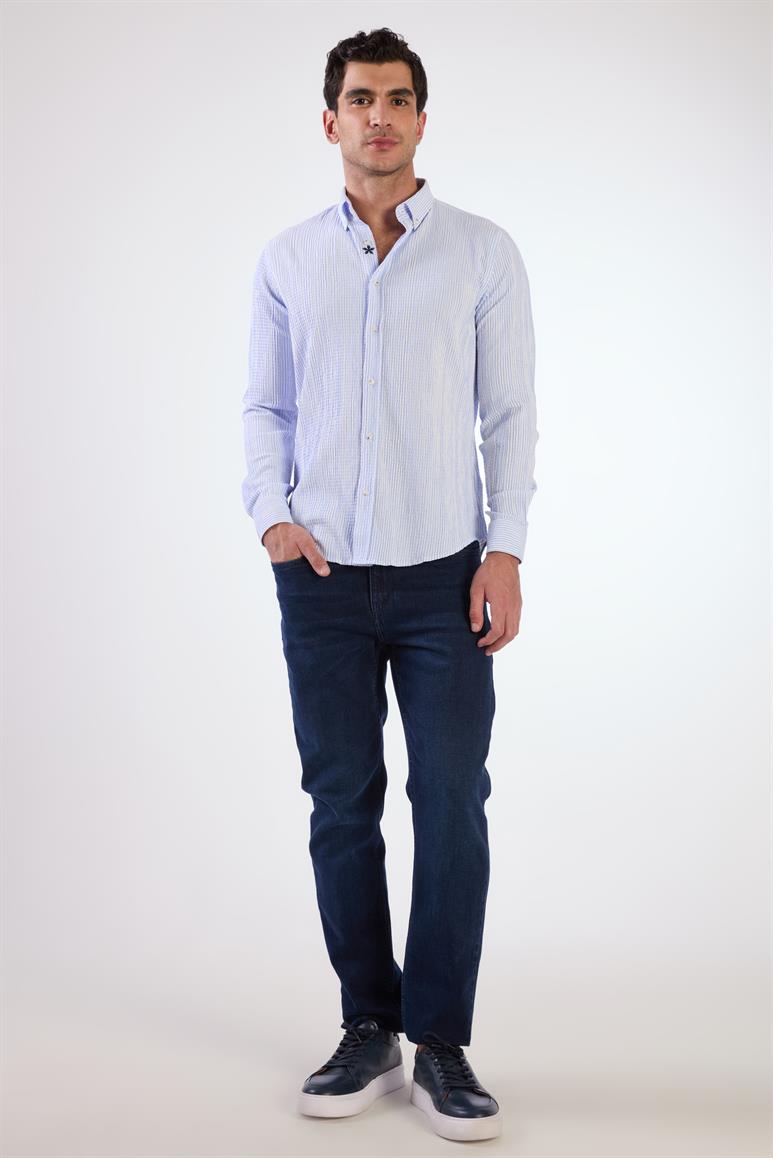 Açık Mavi Erkek Slim Fit Gofre Desenli Düğmeli Yaka Uzun Kol Gömlek 