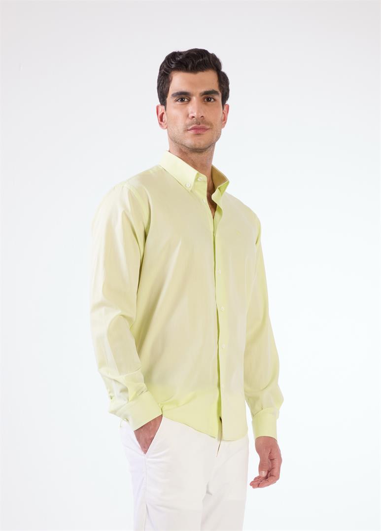 Açık Yeşil Erkek Regular Fit Düz Brent Düğmeli Yaka Uzun Kol Gömlek 