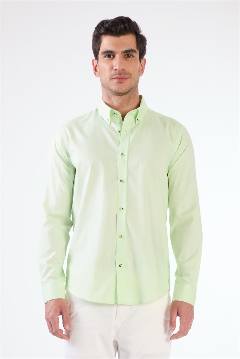 Açık Yeşil Erkek Slim Fit Düz Brent Düğmeli Yaka Uzun Kol Gömlek 