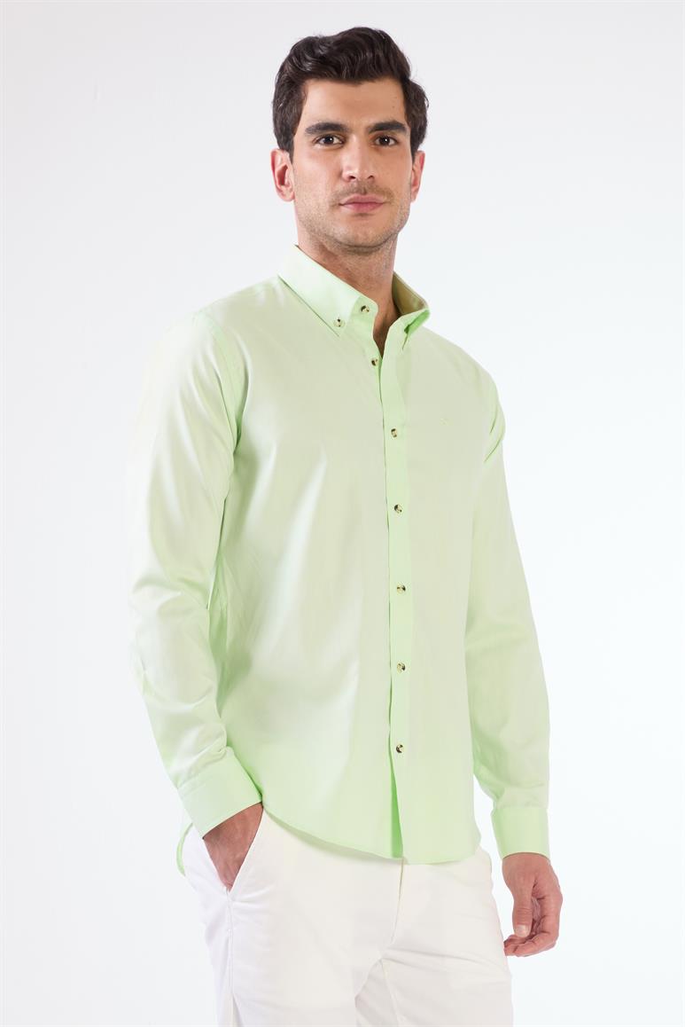 Açık Yeşil Erkek Slim Fit Düz Brent Düğmeli Yaka Uzun Kol Gömlek 