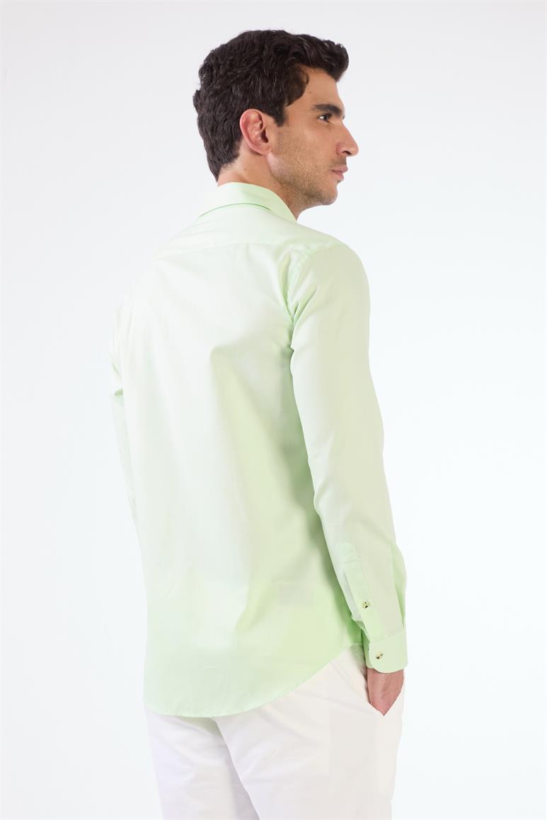 Açık Yeşil Erkek Slim Fit Düz Brent Düğmeli Yaka Uzun Kol Gömlek 