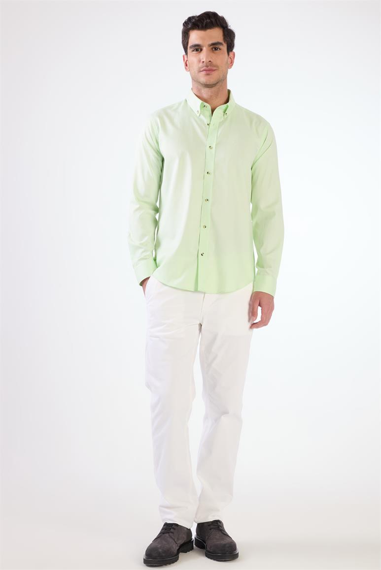 Açık Yeşil Erkek Slim Fit Düz Brent Düğmeli Yaka Uzun Kol Gömlek 