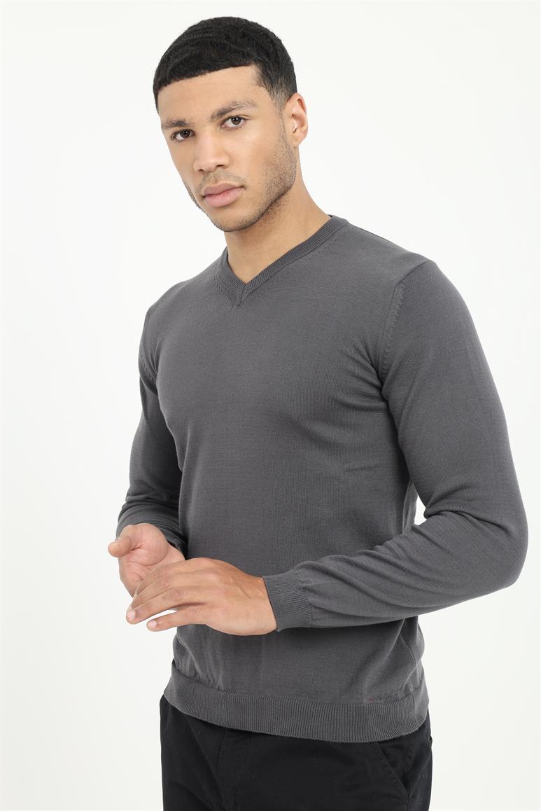 Antrasit V Yaka Regular Fit Erkek Triko