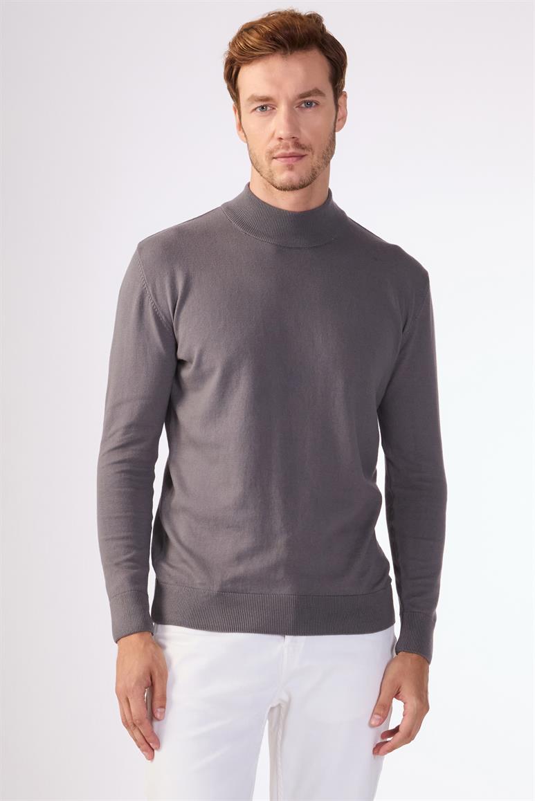 Antrasit Yarım Balıkçı %100 Pamuk Düz Renk Slim Fit Erkek Triko