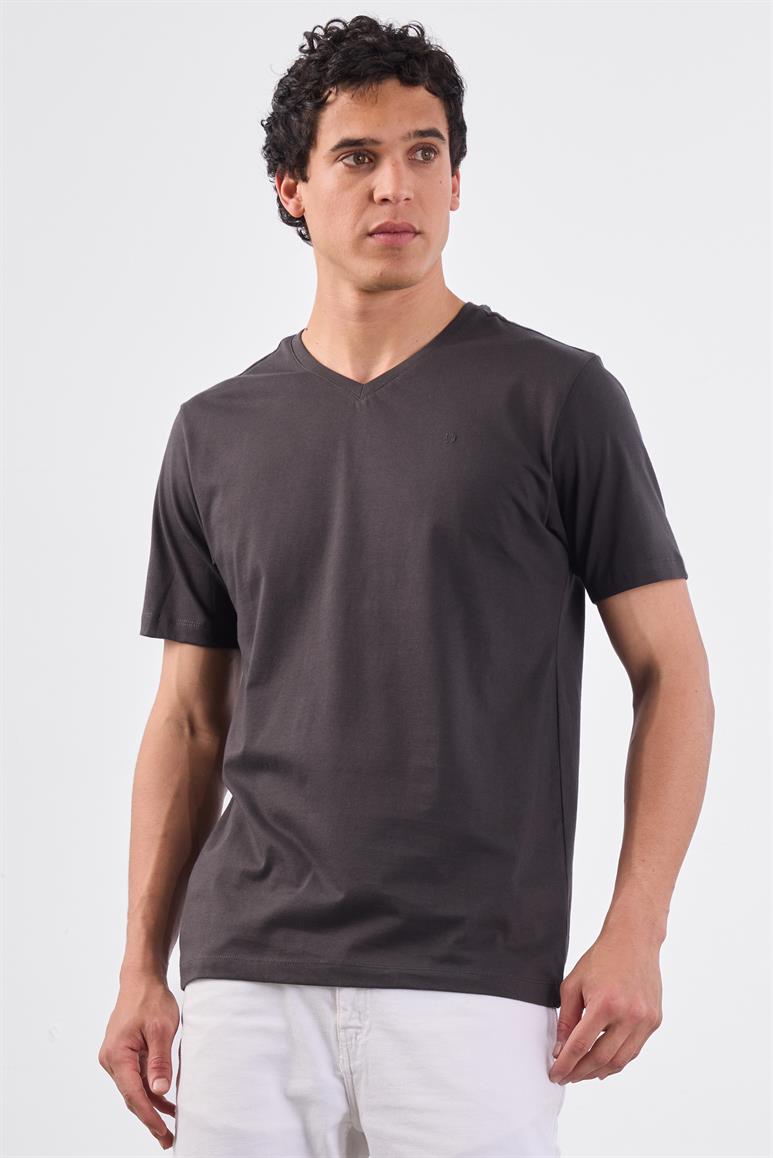 Antrasit V Yaka Pamuklu Düz Renk Slim Fit Erkek T-shirt