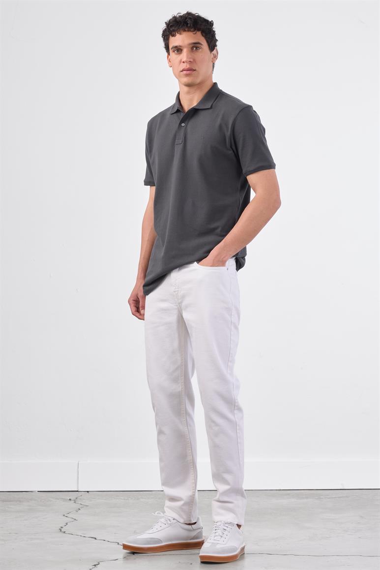 Antrasit Polo Yaka Pamuklu Düz Renk Slim Fit Erkek T-shirt