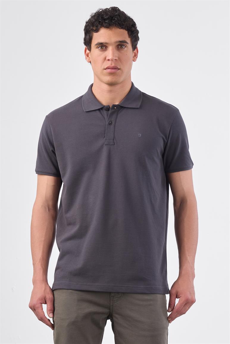Antrasit Polo Yaka Pamuklu Düz Renk Slim Fit Erkek T-shirt