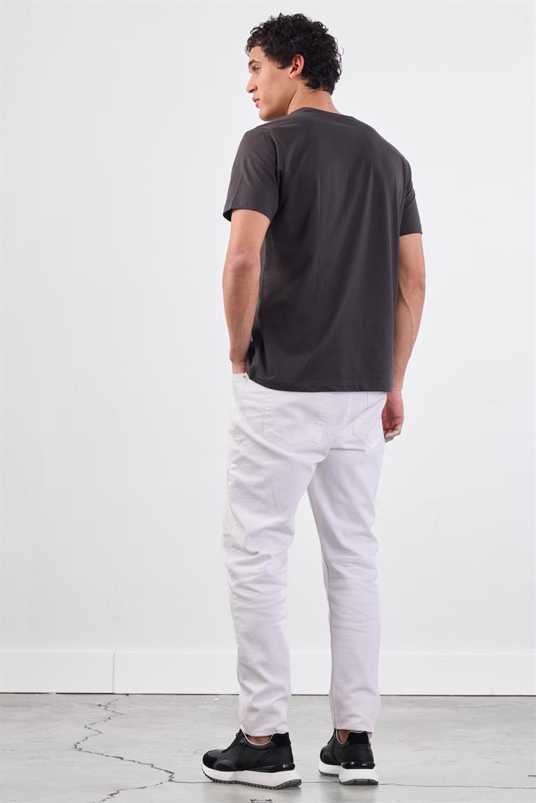Antrasit Bisiklet Yaka Pamuklu Düz Renk Slim Fit Erkek T-shirt