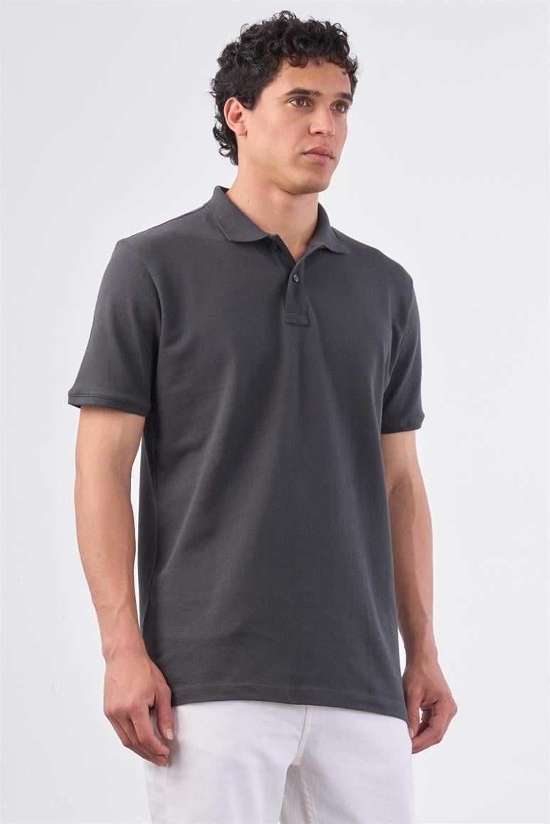 Antrasit Polo Yaka Pamuklu Düz Renk Slim Fit Erkek T-shirt