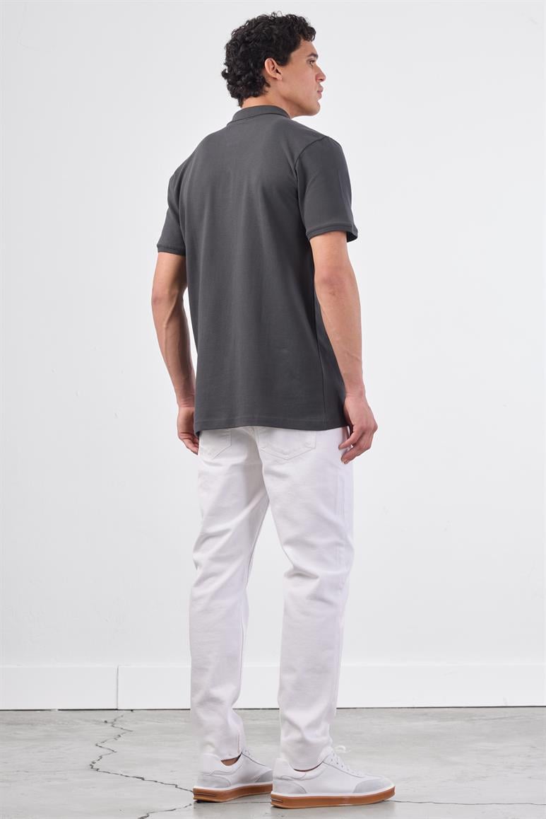 Antrasit Polo Yaka Pamuklu Düz Renk Slim Fit Erkek T-shirt