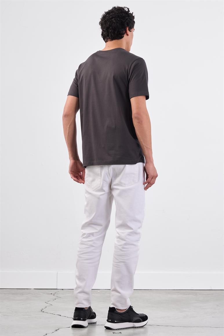 Antrasit V Yaka Pamuklu Düz Renk Slim Fit Erkek T-shirt