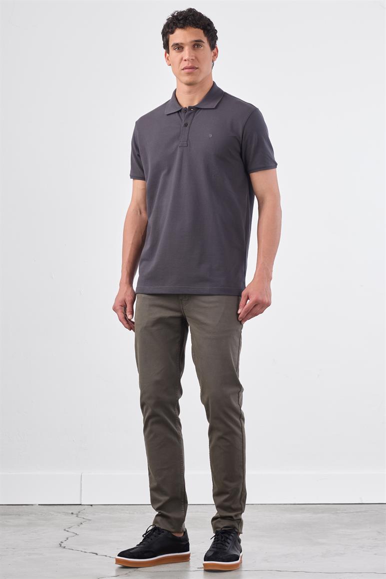 Antrasit Polo Yaka Pamuklu Düz Renk Slim Fit Erkek T-shirt