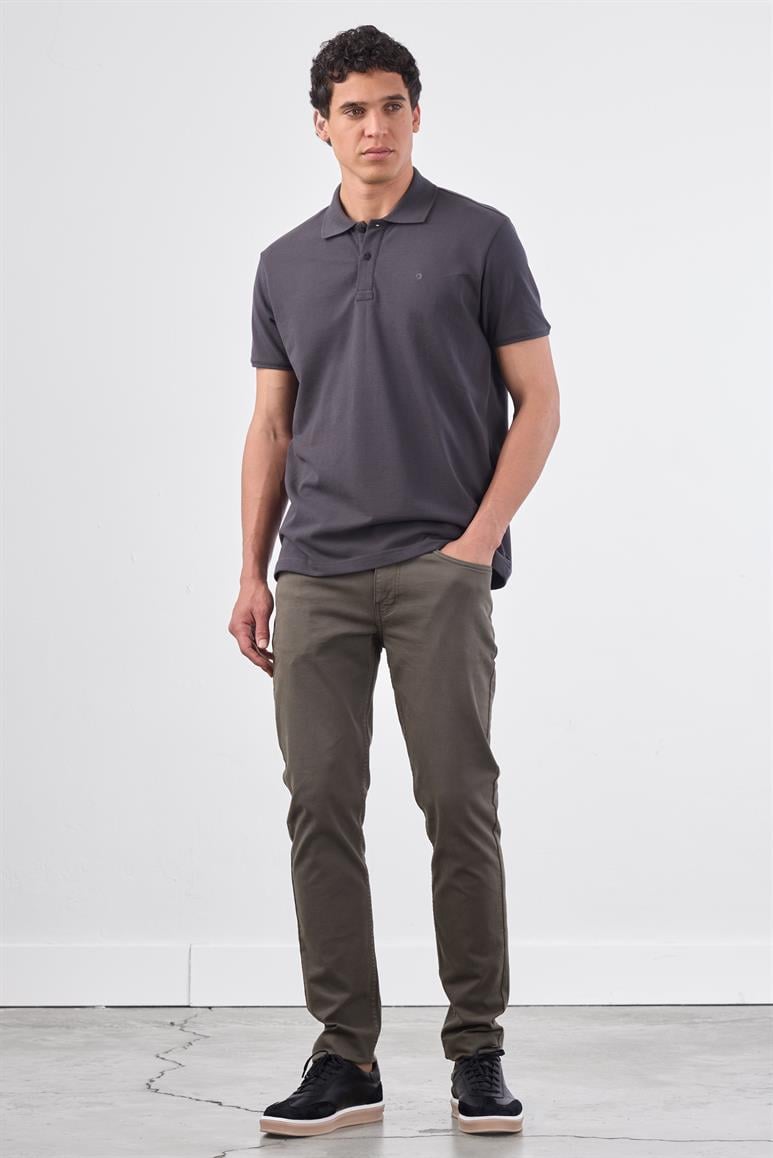 Antrasit Polo Yaka Pamuklu Düz Renk Slim Fit Erkek T-shirt