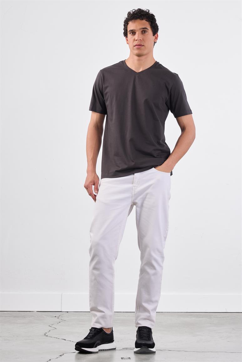 Antrasit V Yaka Pamuklu Düz Renk Slim Fit Erkek T-shirt