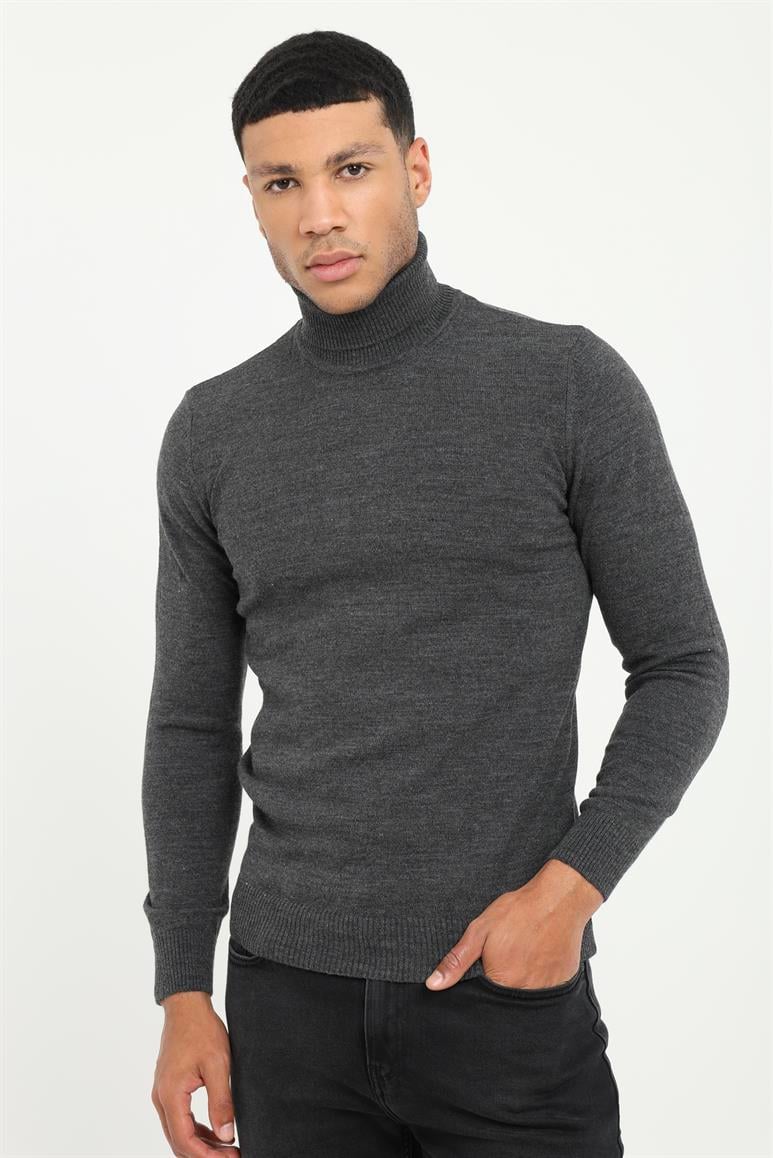 Antrasit Klasik Tam Balıkçı Slim Fit Erkek Triko 