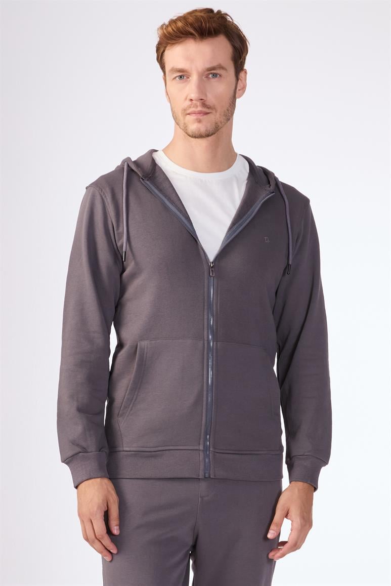 Antrasit Fermuar Kapamalı Kapüşonlu Erkek Regular Fit Sweatshirt