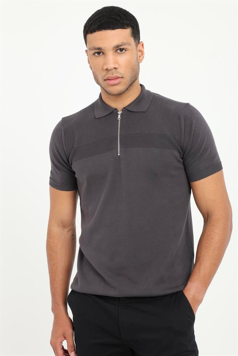 Antrasit Örgü Polo Fermuar Yaka Slim Fit Erkek Triko T-shirt