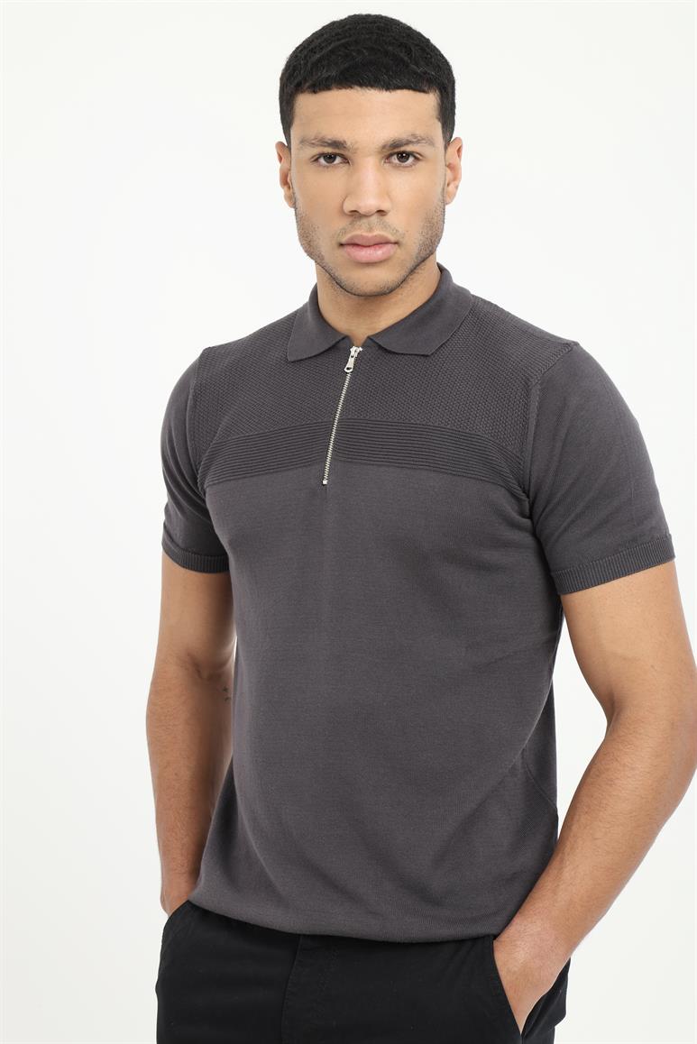 Antrasit Örgü Polo Fermuar Yaka Slim Fit Erkek Triko T-shirt