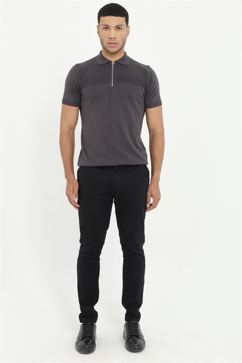 Antrasit Örgü Polo Fermuar Yaka Slim Fit Erkek Triko T-shirt