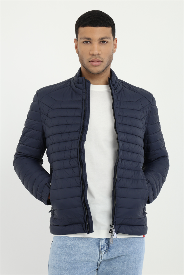 Lacivert Dokuma Basic Erkek Mont