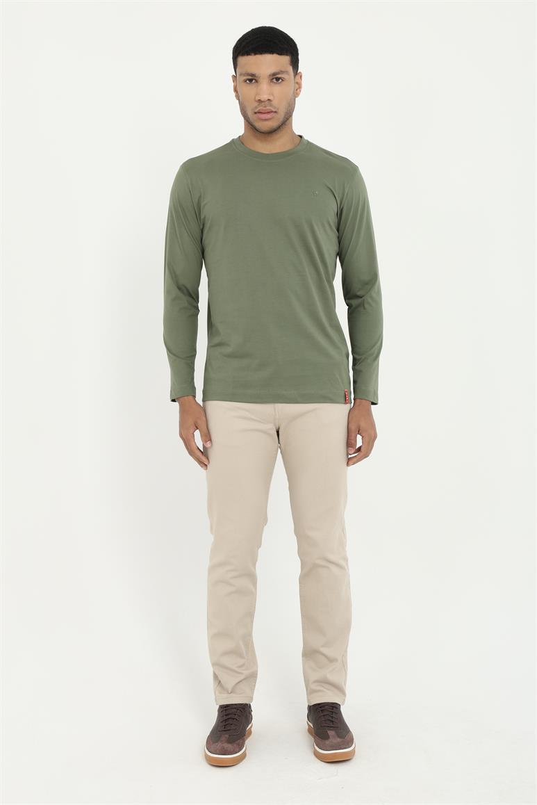 Haki  Basic O Yaka Erkek Uzun Kollu T-Shirt 