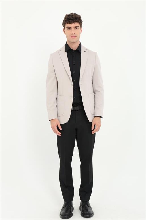 Bej Armür Desen Slim Fit Erkek Ceket