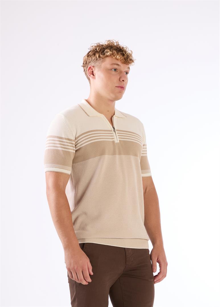 Bej Çizgili Desen Fermuarlı Polo Yaka Kısa Kollu Slim Fit Erkek Triko