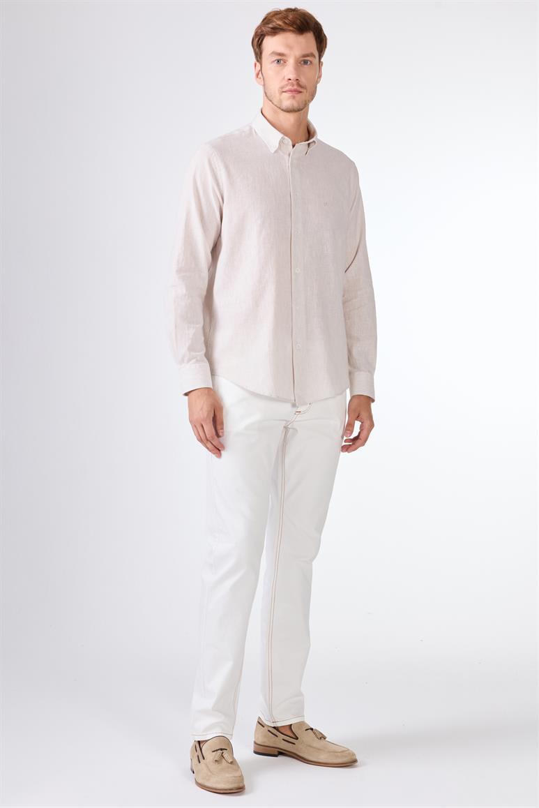 Bej Keten Düz Uzun Kol Regular Fit Erkek Gömlek 